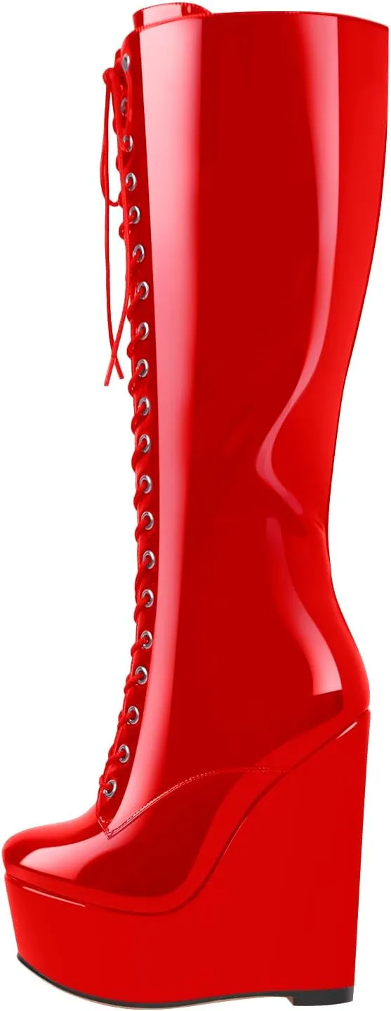 richealnini Women's Wedge Heel Knee High Boots with Lace Front Tie Up Wide Calf Booties