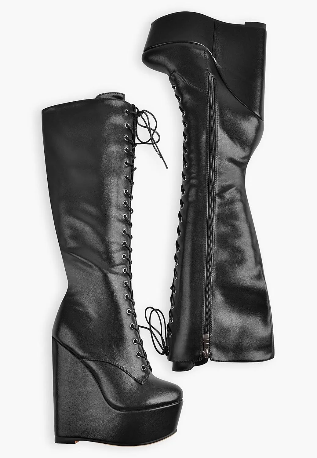 richealnini Women's Wedge Heel Knee High Boots with Lace Front Tie Up Wide Calf Booties