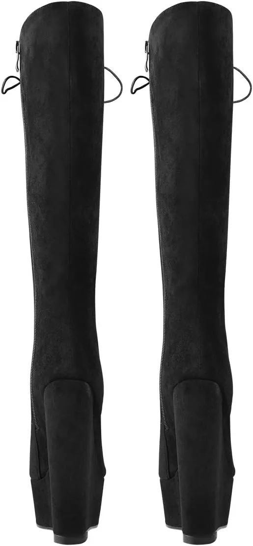 richealnini Women's Wedge Heel Knee High Boots with Lace Front Tie Up Wide Calf Booties