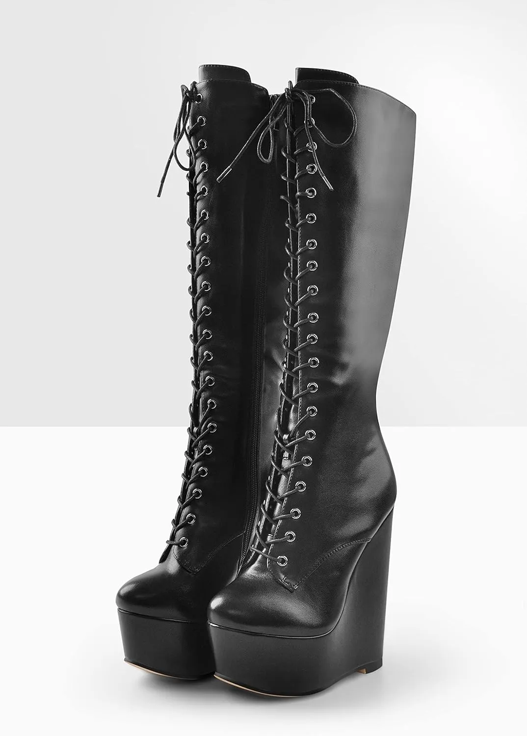 richealnini Women's Wedge Heel Knee High Boots with Lace Front Tie Up Wide Calf Booties