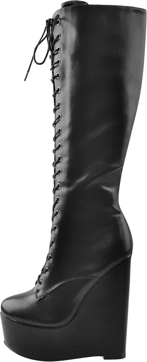 richealnini Women's Wedge Heel Knee High Boots with Lace Front Tie Up Wide Calf Booties