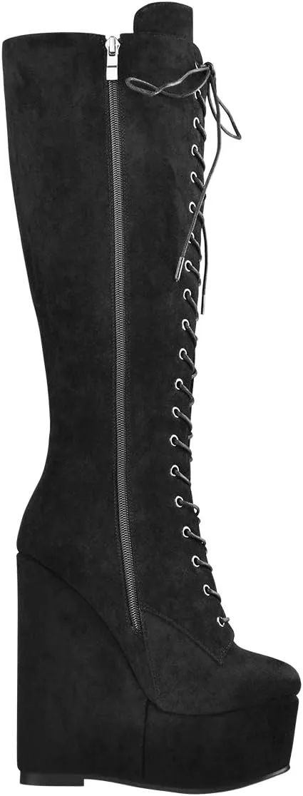 richealnini Women's Wedge Heel Knee High Boots with Lace Front Tie Up Wide Calf Booties
