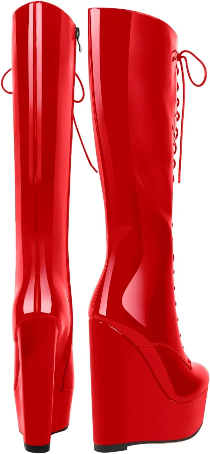 richealnini Women's Wedge Heel Knee High Boots with Lace Front Tie Up Wide Calf Booties