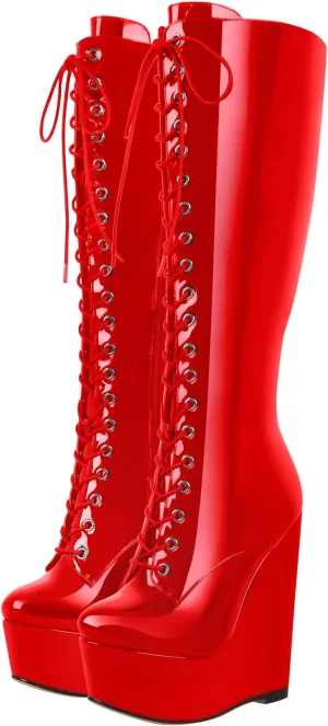 richealnini Women's Wedge Heel Knee High Boots with Lace Front Tie Up Wide Calf Booties