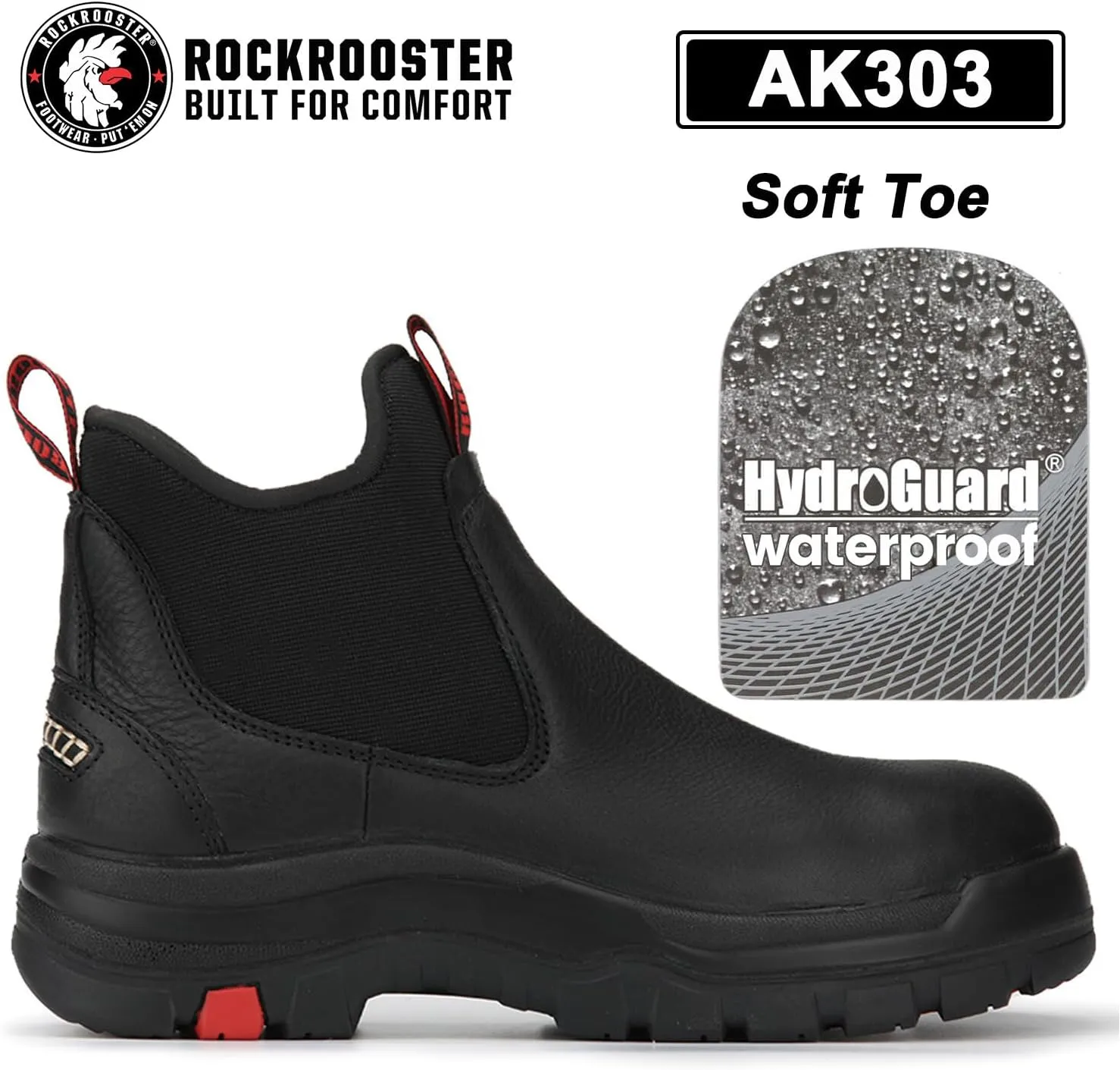 ROCKROOSTER Bakken Men's Black 6 inch Chelsea Boots, EH Rated Waterproof Slip-on Work Boots AK303-Soft Toe, AK323-Steel Toe