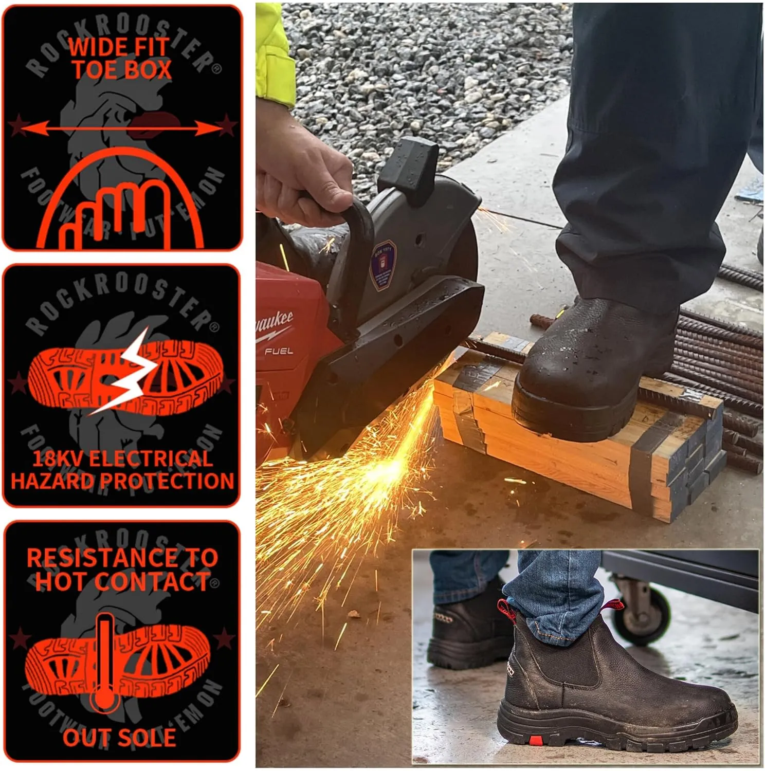 ROCKROOSTER Bakken Men's Black 6 inch Chelsea Boots, EH Rated Waterproof Slip-on Work Boots AK303-Soft Toe, AK323-Steel Toe