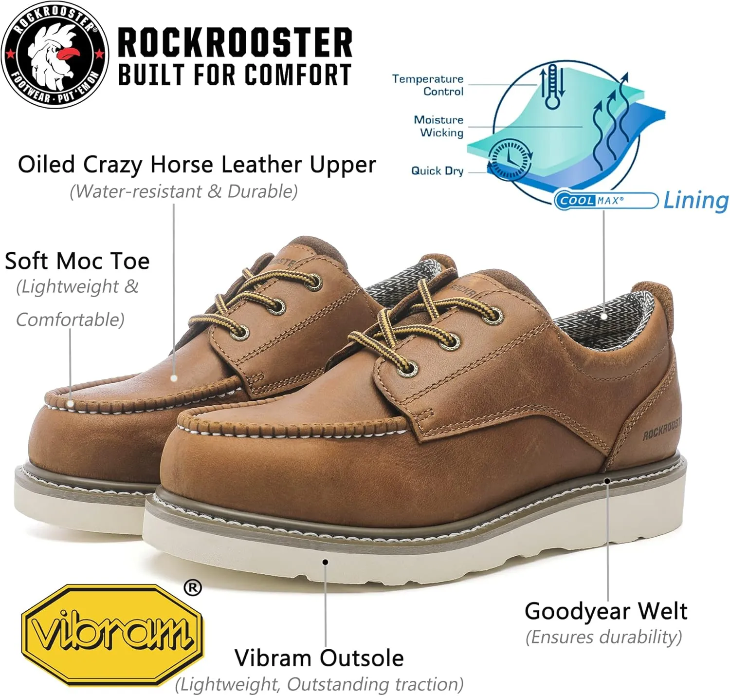 ROCKROOSTER Trinidad Men's 4" Soft Moc Toe Brown Leather Work Shoes, Lightweight Vibram Wedge Work Boots VAP2302