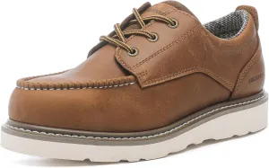 ROCKROOSTER Trinidad Men's 4" Soft Moc Toe Brown Leather Work Shoes, Lightweight Vibram Wedge Work Boots VAP2302