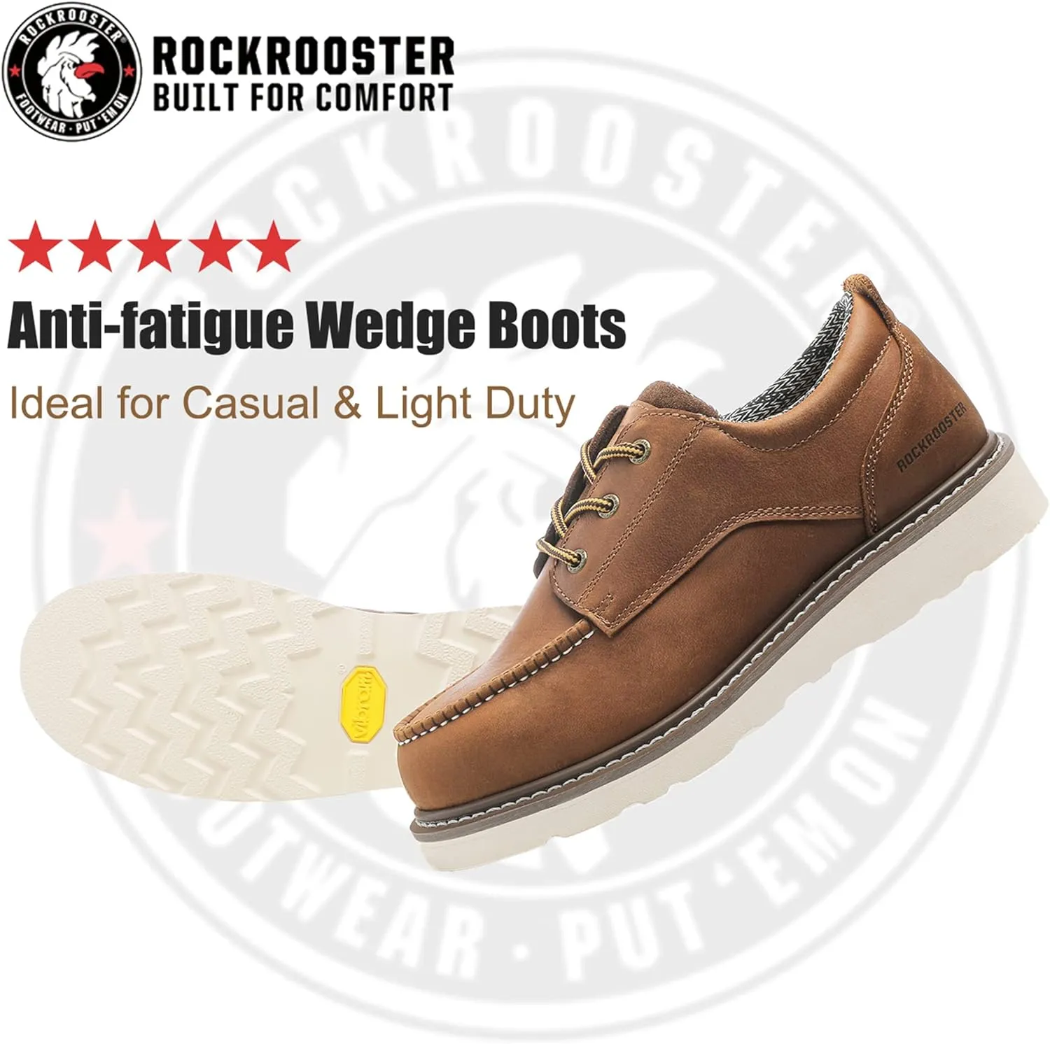 ROCKROOSTER Trinidad Men's 4" Soft Moc Toe Brown Leather Work Shoes, Lightweight Vibram Wedge Work Boots VAP2302