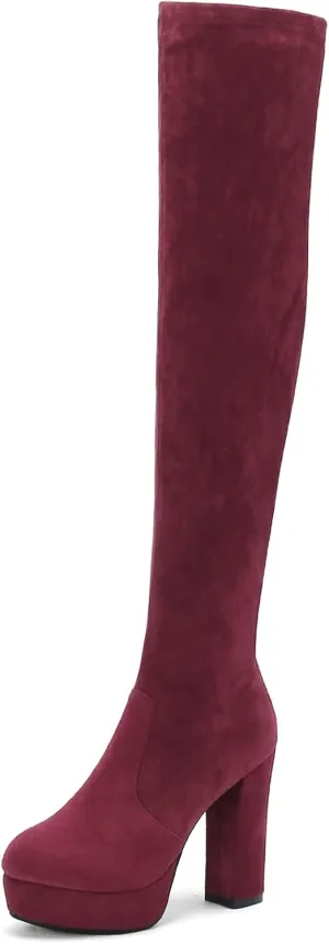 Roimaash Platform Stretch Boots Thigh High for Women Wide Calf Overknee Boots