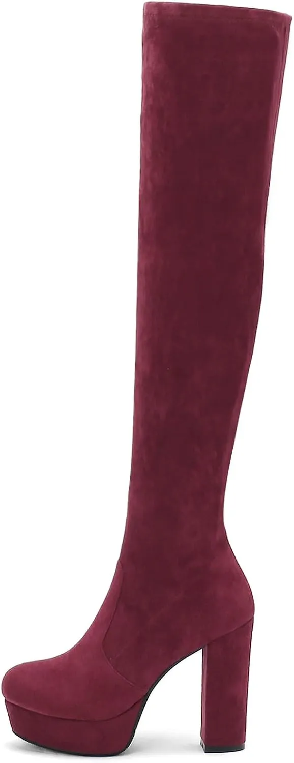 Roimaash Platform Stretch Boots Thigh High for Women Wide Calf Overknee Boots