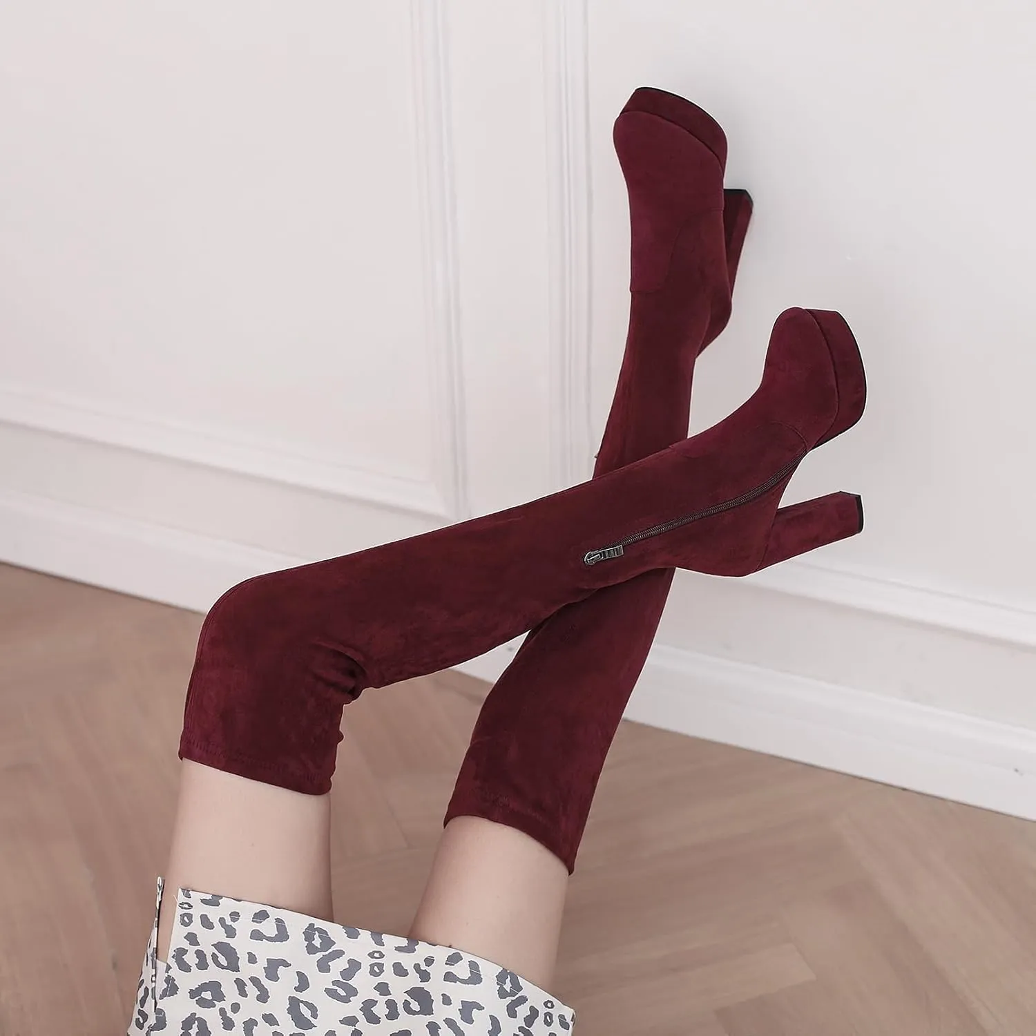 Roimaash Platform Stretch Boots Thigh High for Women Wide Calf Overknee Boots