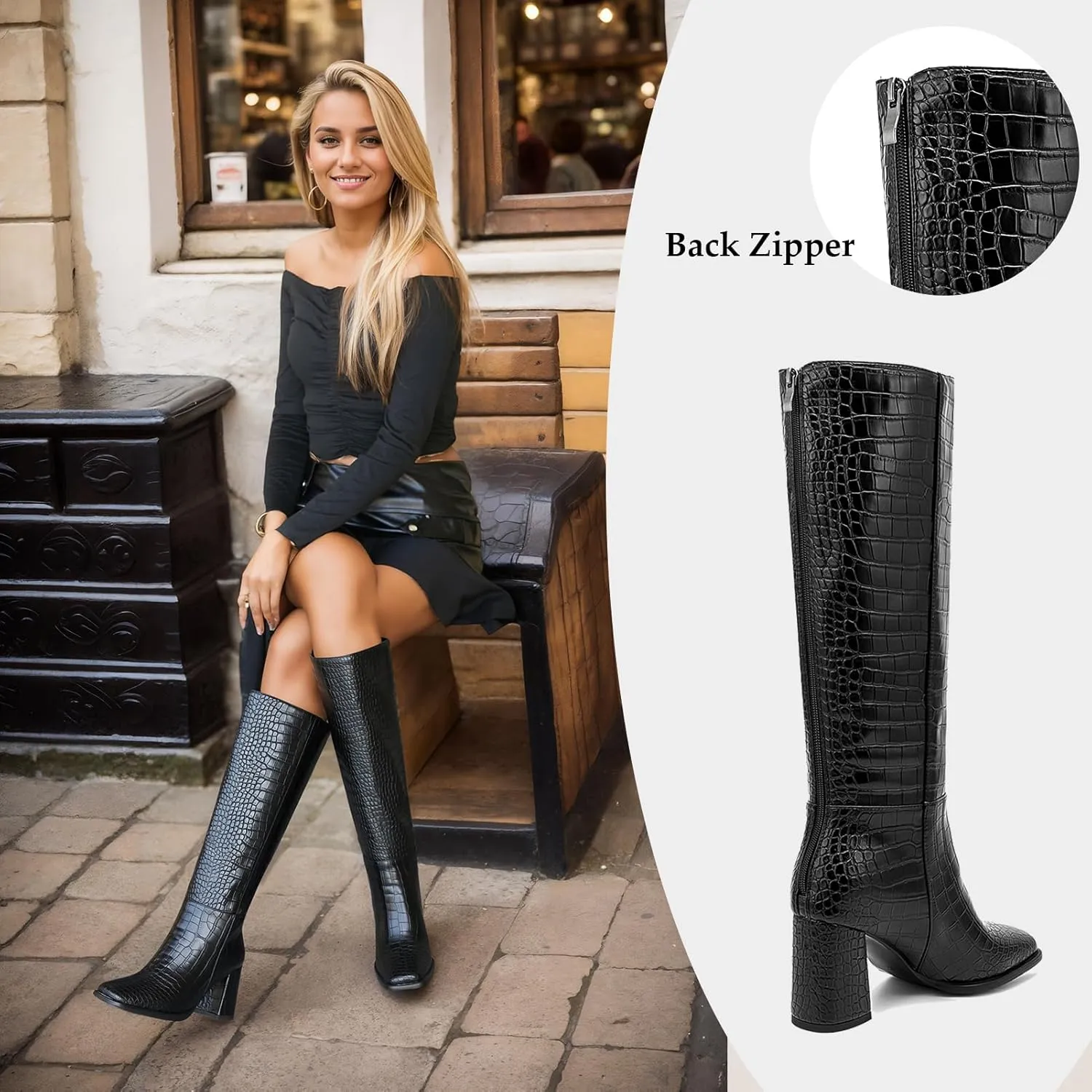 Roimaash Wide Calf Dressy Black Knee Boots for Women