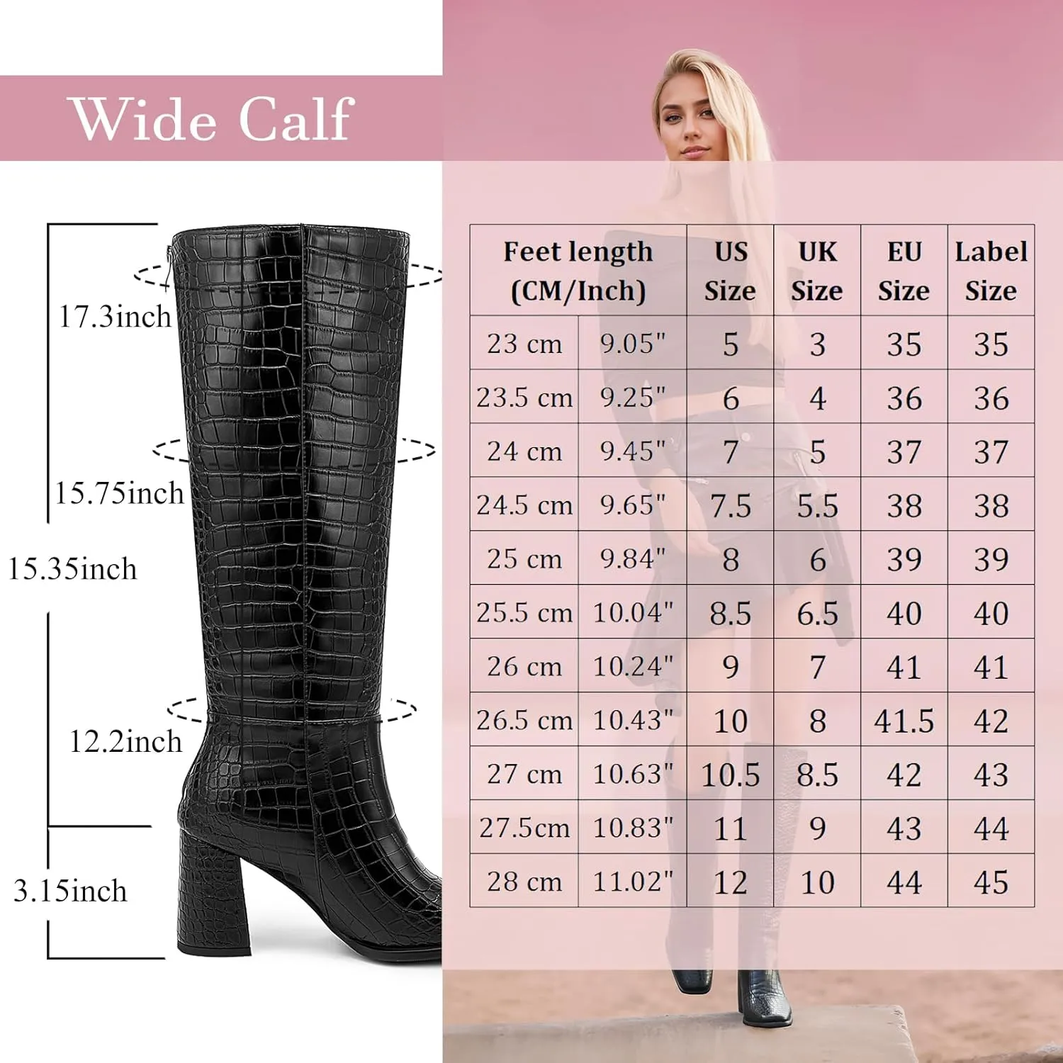 Roimaash Wide Calf Dressy Black Knee Boots for Women