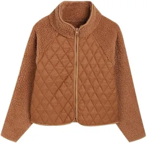 RONGTAI Women's Winter Quilted Jackets Patchwork Fuzzy Zip Up Jacket Long Sleeve Sherpa Coat Outerwear
