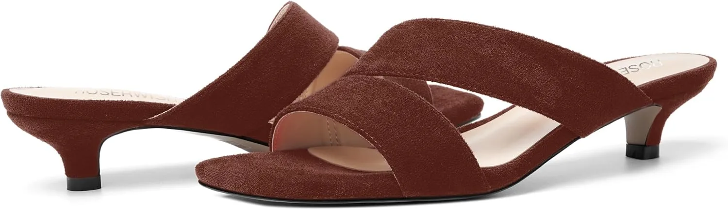 ROSERWISH Womens Casual Suede Comfortable Party Slip On Square Toe Kitten Low Heel Heeled Sandals 1.5 Inch
