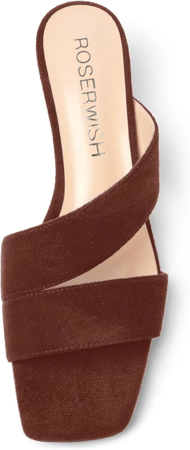 ROSERWISH Womens Casual Suede Comfortable Party Slip On Square Toe Kitten Low Heel Heeled Sandals 1.5 Inch