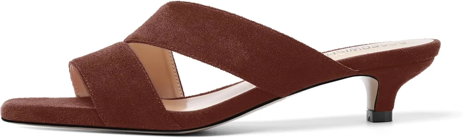 ROSERWISH Womens Casual Suede Comfortable Party Slip On Square Toe Kitten Low Heel Heeled Sandals 1.5 Inch
