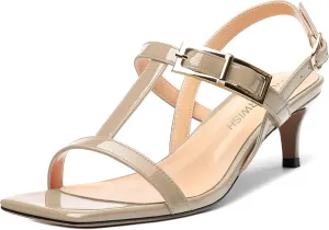 ROSERWISH Women's Low kitten heel Strappy Sandals Open Square Toe Slingback Patent Heels 2 Inch Fashion Comfort Dress Shoes
