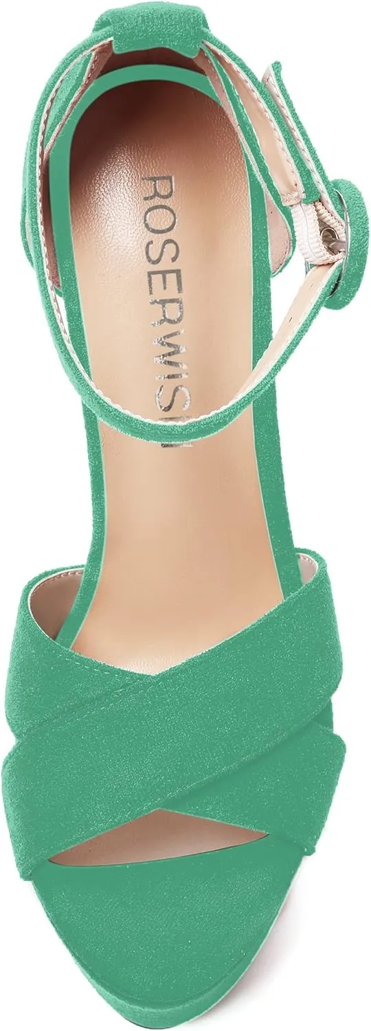 ROSERWISH Womens Open Toe Fashion Party Platform Ankle Strap Wedding Suede Sexy Wedge High Heel Heeled Sandals 6 Inch