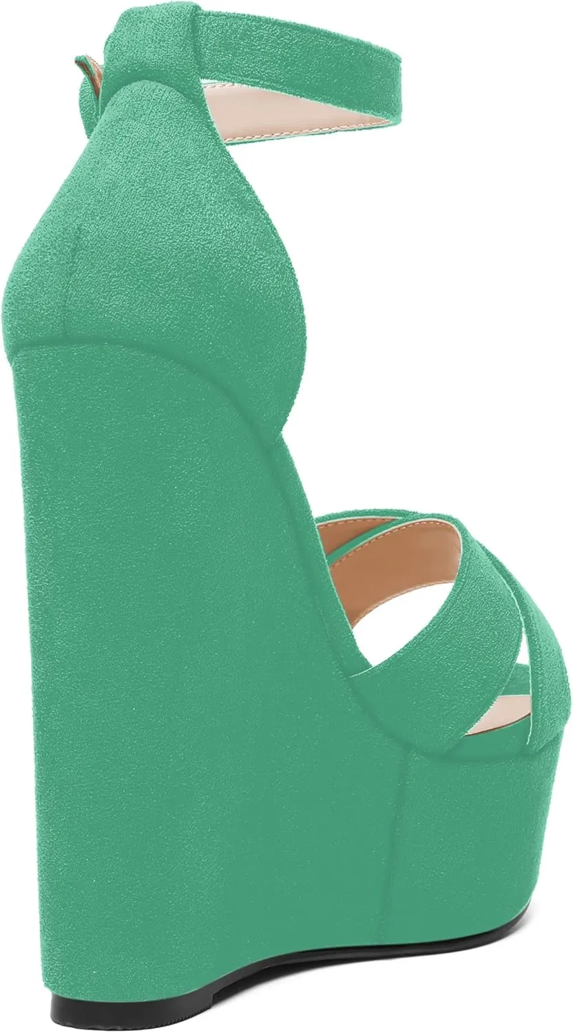 ROSERWISH Womens Open Toe Fashion Party Platform Ankle Strap Wedding Suede Sexy Wedge High Heel Heeled Sandals 6 Inch