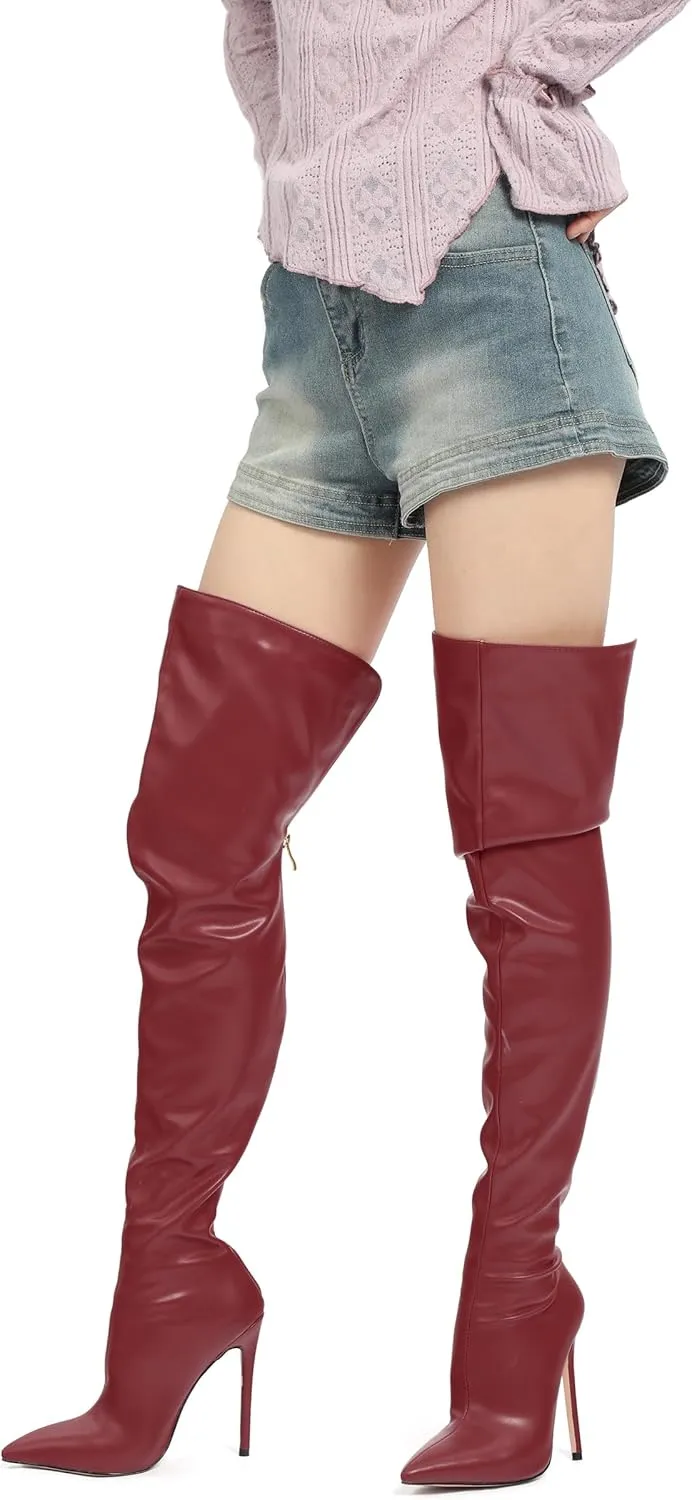 ROSERWISH Women's Thigh High Boots Over The Knee Boots Pointed Toe Stiletto Heels Sexy Fall Long Boots with Zipper Comfy Fashion Dress Shoes