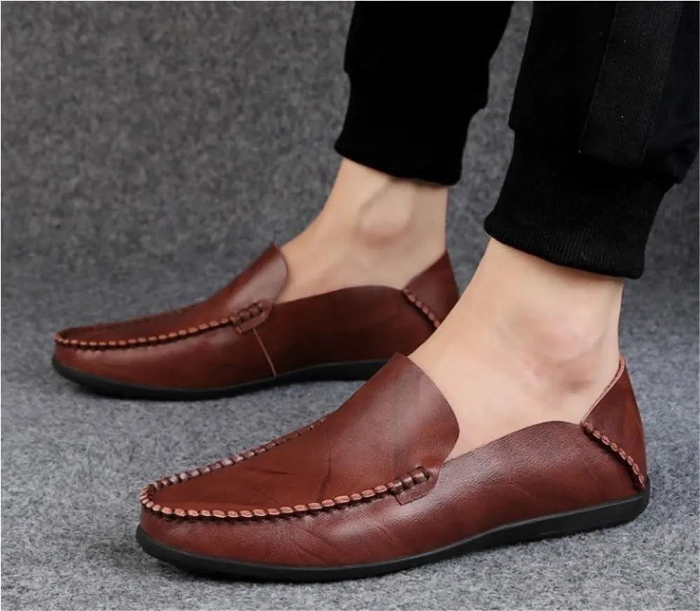 Round Toe Stitching Details Men's Loafers Genuine Leather Comfortable Anti-Slip Flat Heel Prom Wedding Slip-ons