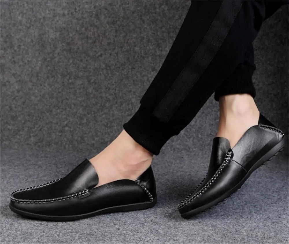 Round Toe Stitching Details Men's Loafers Genuine Leather Comfortable Anti-Slip Flat Heel Prom Wedding Slip-ons