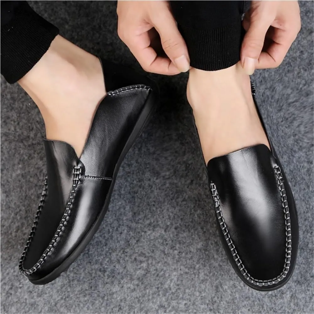 Round Toe Stitching Details Men's Loafers Genuine Leather Comfortable Anti-Slip Flat Heel Prom Wedding Slip-ons