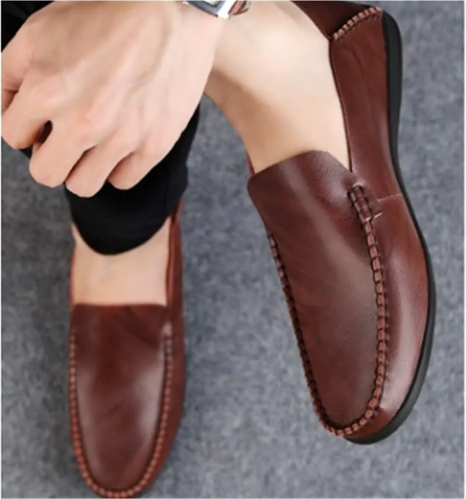 Round Toe Stitching Details Men's Loafers Genuine Leather Comfortable Anti-Slip Flat Heel Prom Wedding Slip-ons
