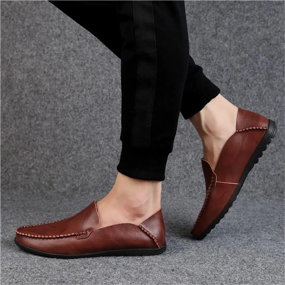 Round Toe Stitching Details Men's Loafers Genuine Leather Comfortable Anti-Slip Flat Heel Prom Wedding Slip-ons