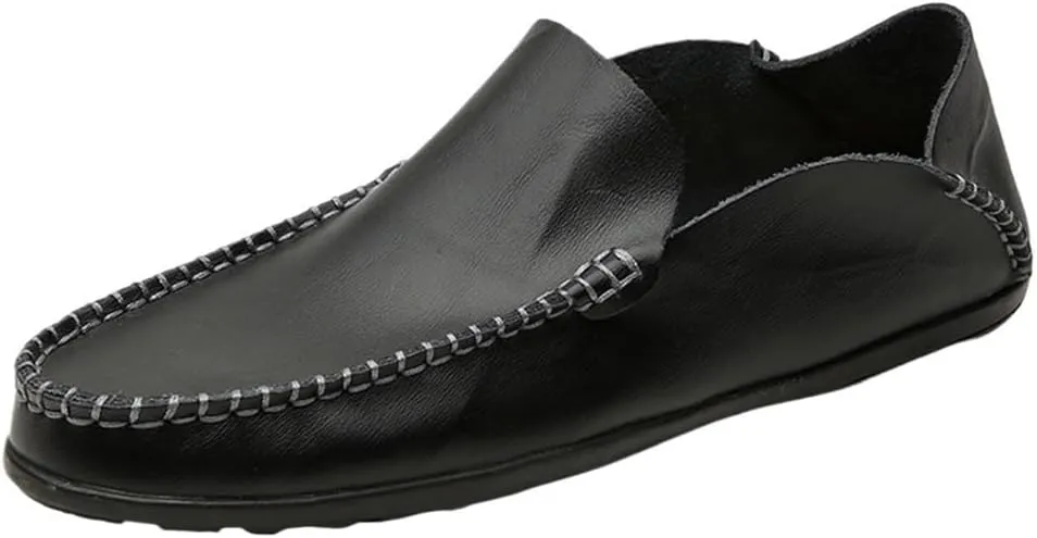 Round Toe Stitching Details Men's Loafers Genuine Leather Comfortable Anti-Slip Flat Heel Prom Wedding Slip-ons