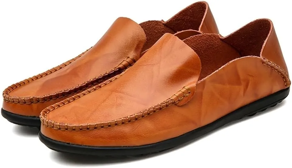 Round Toe Stitching Details Men's Loafers Genuine Leather Comfortable Anti-Slip Flat Heel Prom Wedding Slip-ons