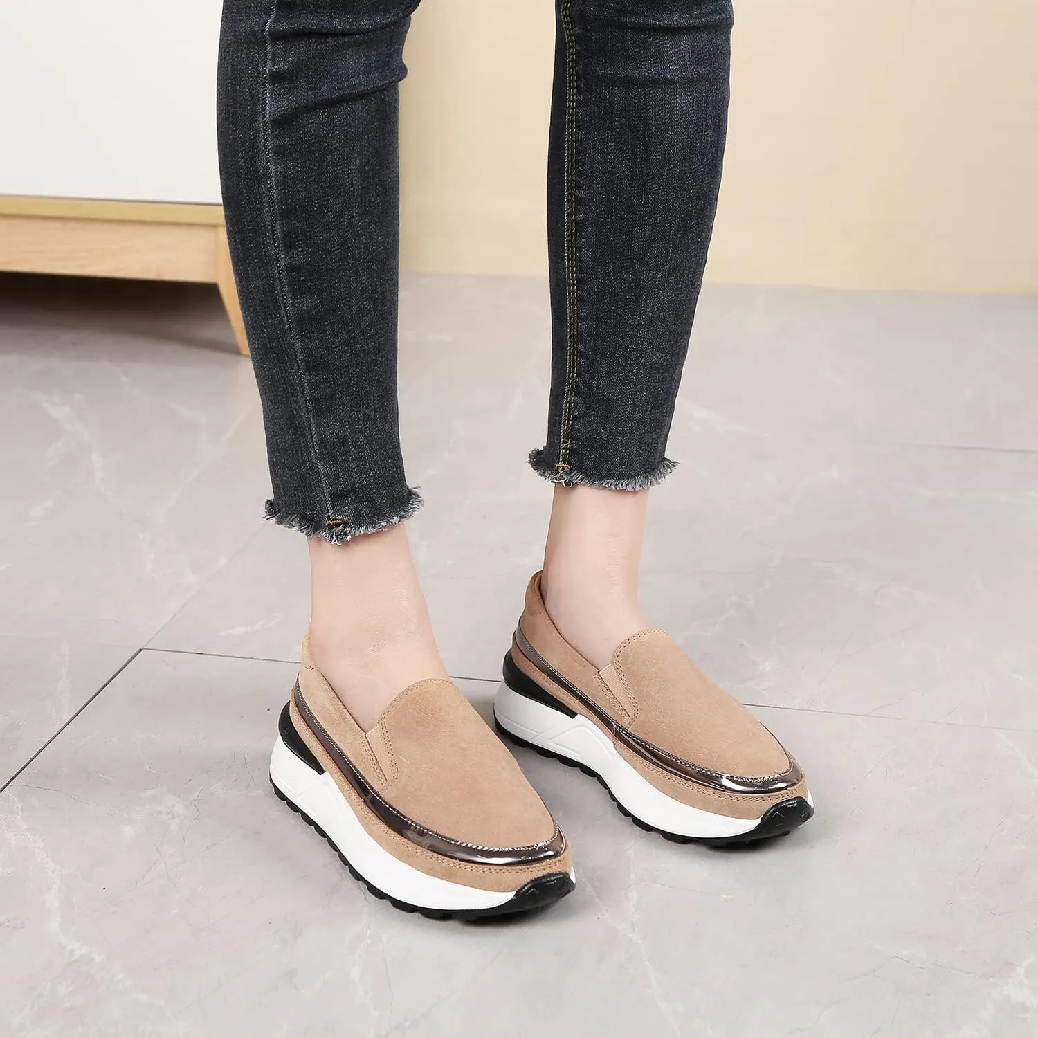 Ruiatoo Platform Shoes for Women Comfort Slip on Suede Moccasins Low Top Casual Wedge Loafers