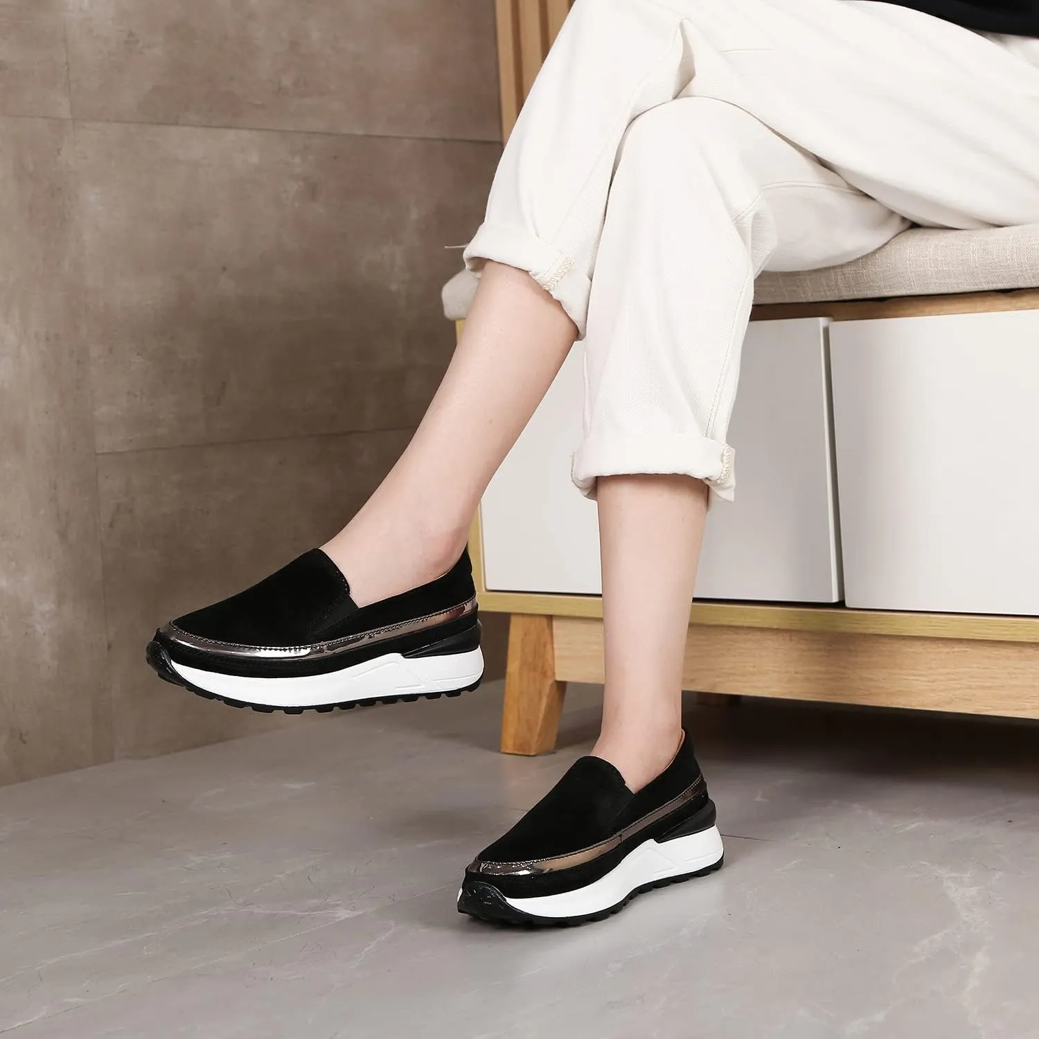 Ruiatoo Platform Shoes for Women Comfort Slip on Suede Moccasins Low Top Casual Wedge Loafers