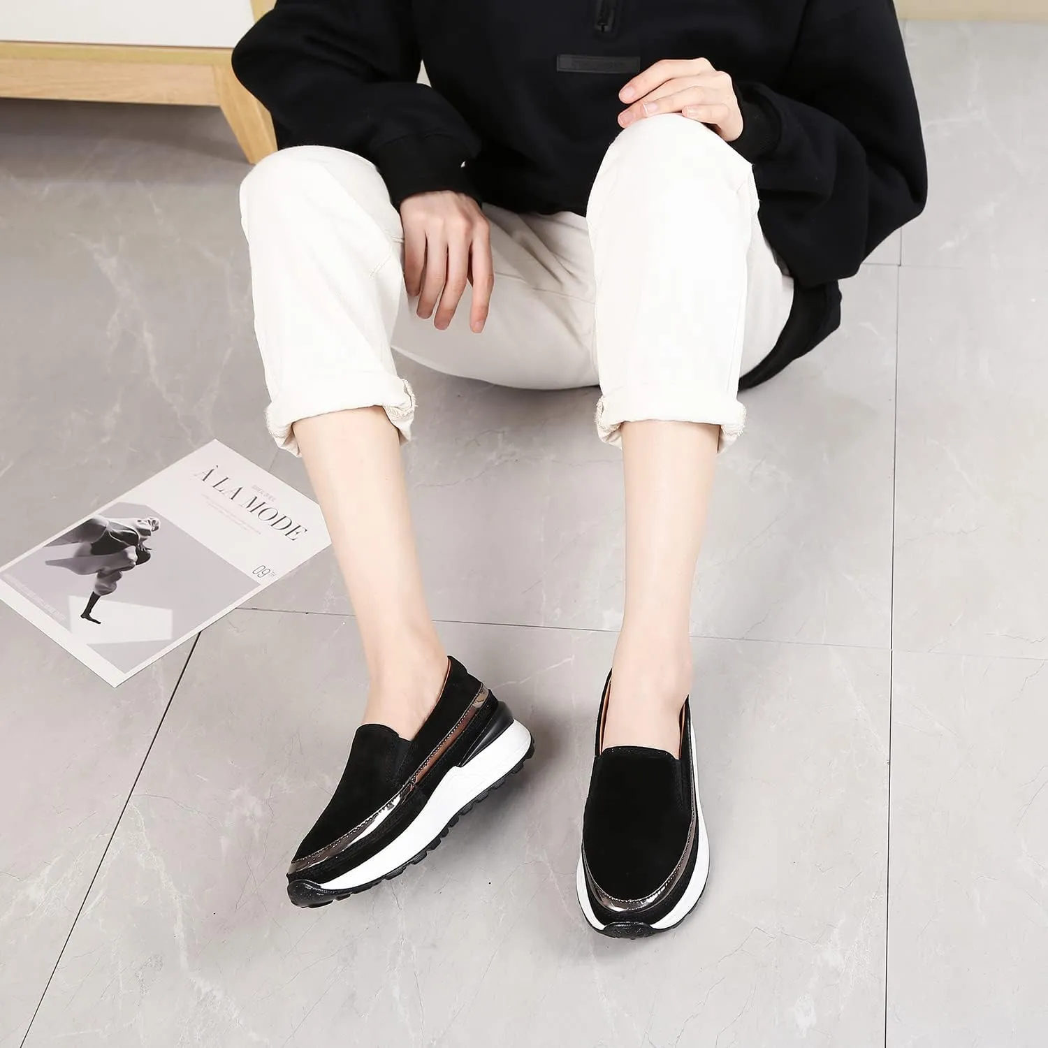 Ruiatoo Platform Shoes for Women Comfort Slip on Suede Moccasins Low Top Casual Wedge Loafers