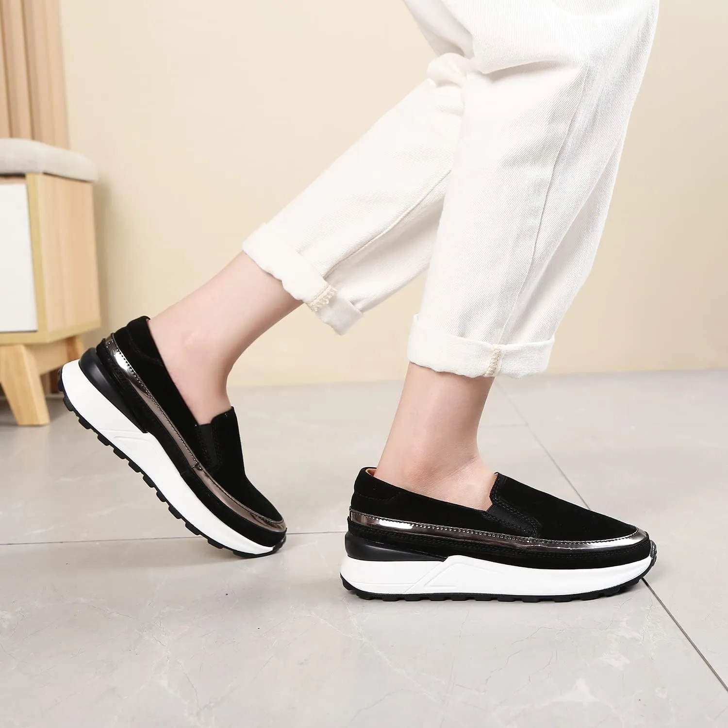 Ruiatoo Platform Shoes for Women Comfort Slip on Suede Moccasins Low Top Casual Wedge Loafers