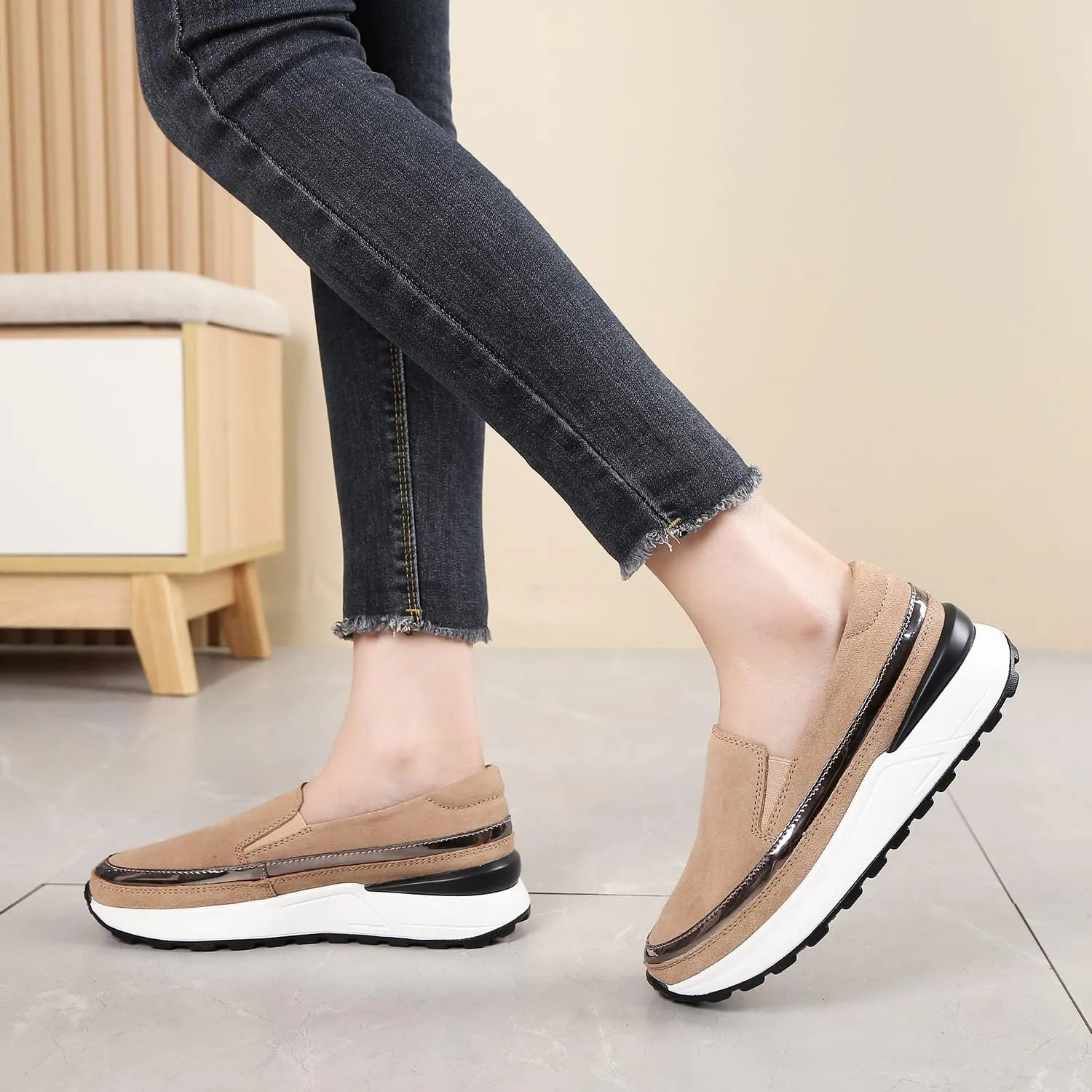 Ruiatoo Platform Shoes for Women Comfort Slip on Suede Moccasins Low Top Casual Wedge Loafers