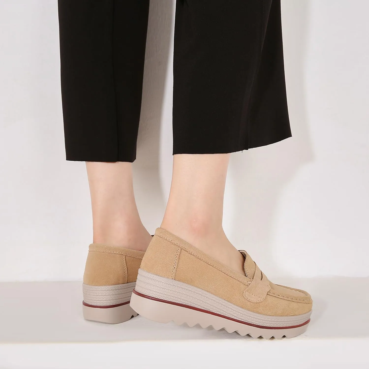 Ruitaoo Women's Slip On Platform Loafers Comfort Suede Wedge Shoes Low Top Moccasins for Casual and Daily