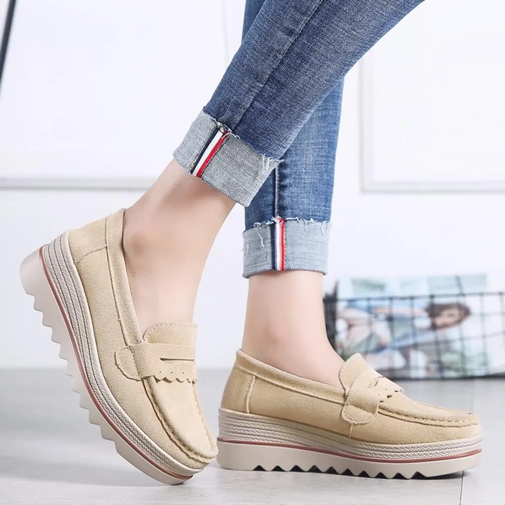 Ruitaoo Women's Slip On Platform Loafers Comfort Suede Wedge Shoes Low Top Moccasins for Casual and Daily