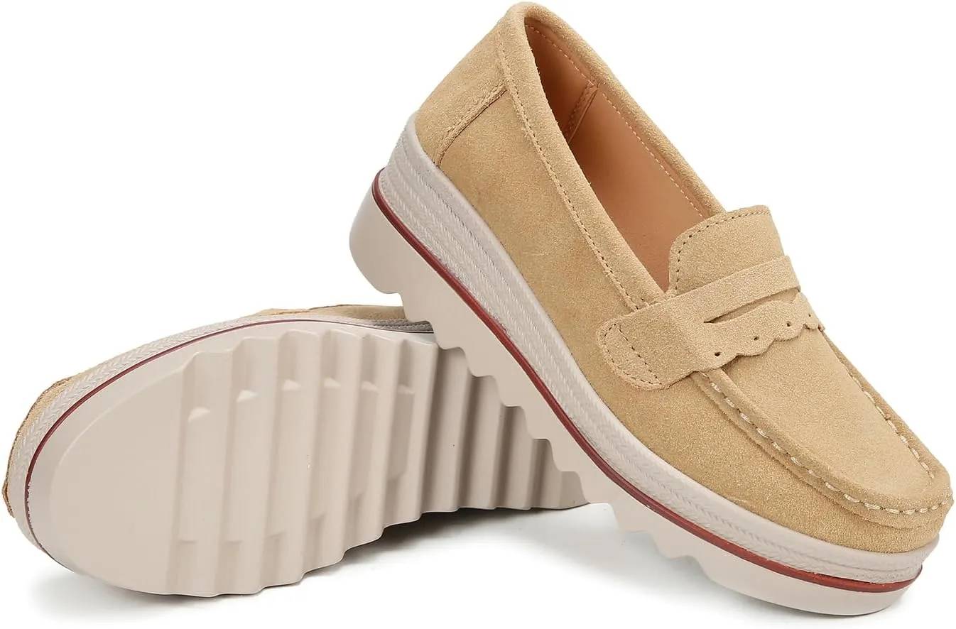 Ruitaoo Women's Slip On Platform Loafers Comfort Suede Wedge Shoes Low Top Moccasins for Casual and Daily