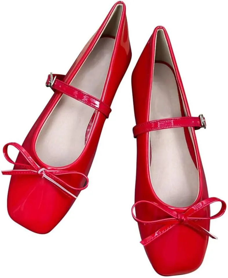 SAILING LU Women's Bow-Knot Mary Jane Shoes Dressy Square Toe Ballet Flat Shoes Comfortable Slip-on Loafers