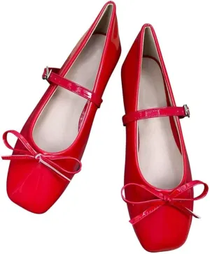 SAILING LU Women's Bow-Knot Mary Jane Shoes Dressy Square Toe Ballet Flat Shoes Comfortable Slip-on Loafers