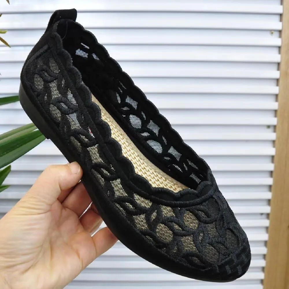 SAILING LU Women's Breathable Crochet Lace Ballet Flat Floral Casual Round Toe Loafers Shoes