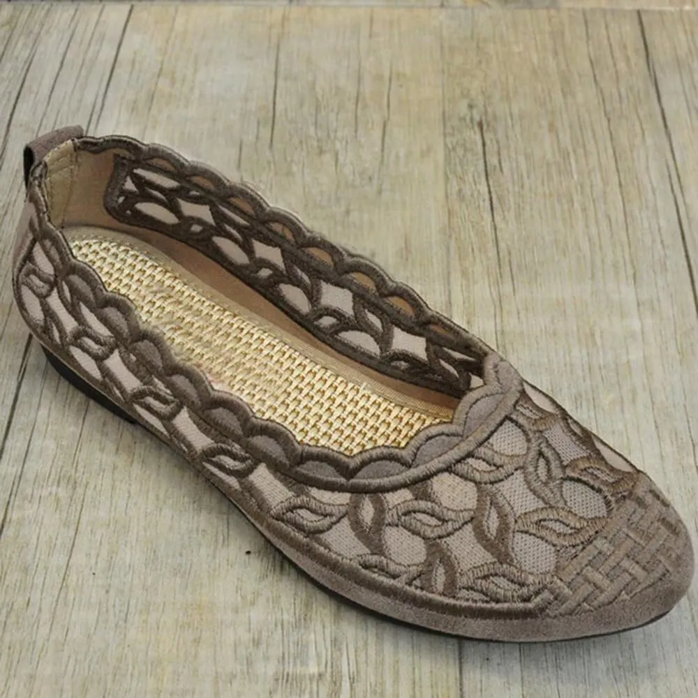 SAILING LU Women's Breathable Crochet Lace Ballet Flat Floral Casual Round Toe Loafers Shoes