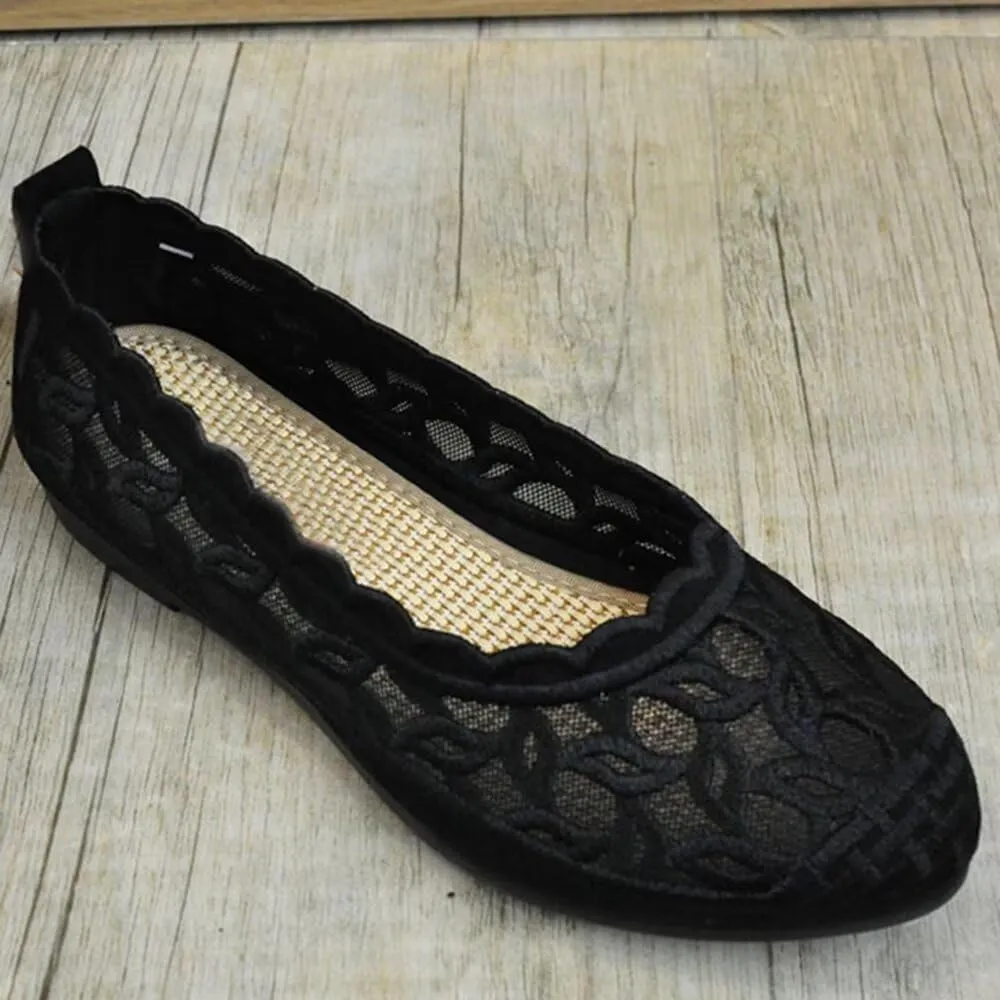 SAILING LU Women's Breathable Crochet Lace Ballet Flat Floral Casual Round Toe Loafers Shoes