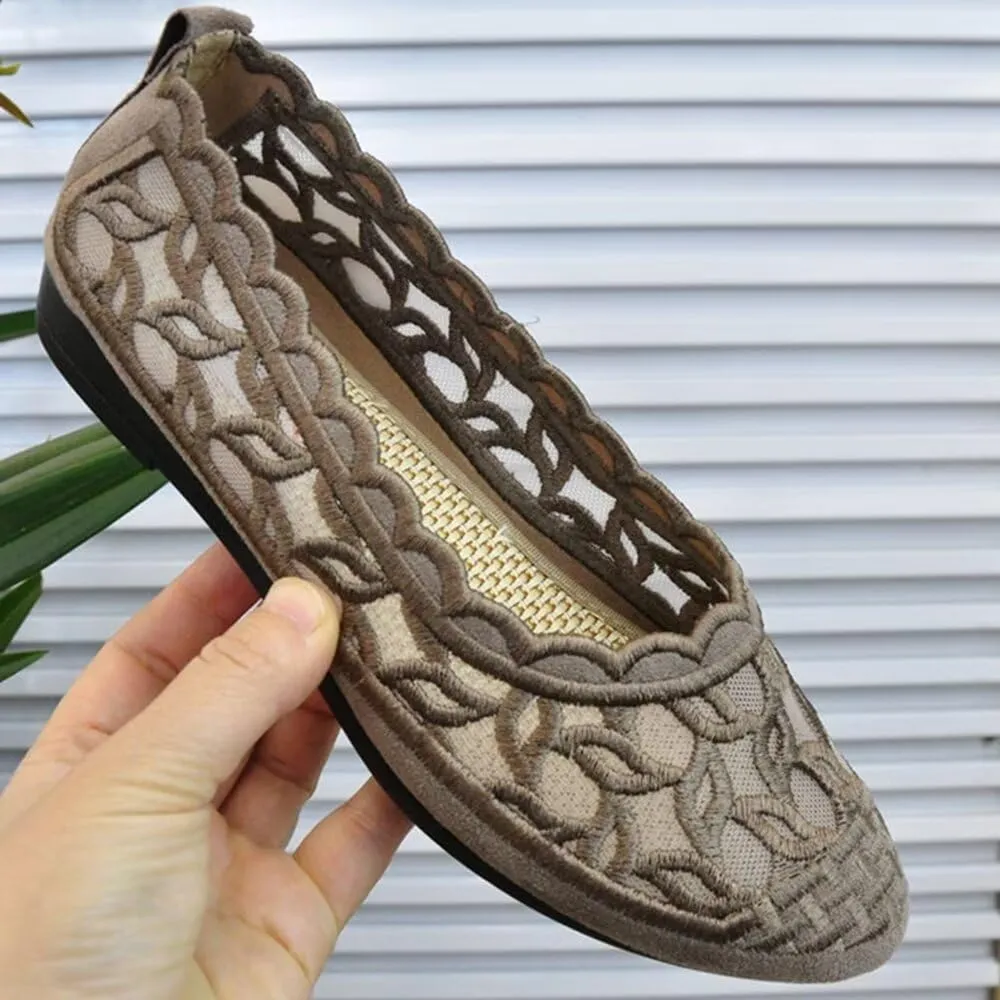 SAILING LU Women's Breathable Crochet Lace Ballet Flat Floral Casual Round Toe Loafers Shoes