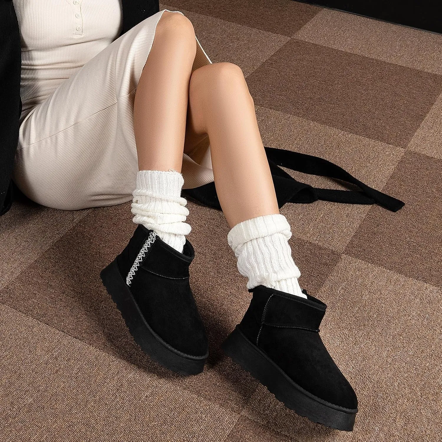 Samilor Platform Mini Boot for Women Short Ankle Boot Warm Fur Fleece Lined Winter Boots with Memory Foam Insole for Outdoor Indoor