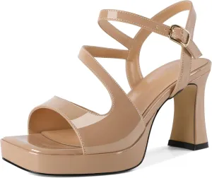 SAMMITOP Platform Heels for Women Open Square Toe Strappy Chunky High Heeled Sandals Slingback Heels Ankle Strap Wedding Party Office Shoes 3.5 Inch
