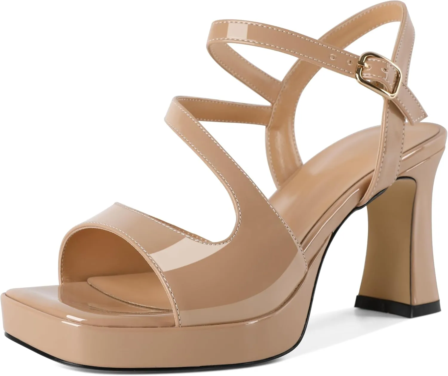 SAMMITOP Platform Heels for Women Open Square Toe Strappy Chunky High Heeled Sandals Slingback Heels Ankle Strap Wedding Party Office Shoes 3.5 Inch